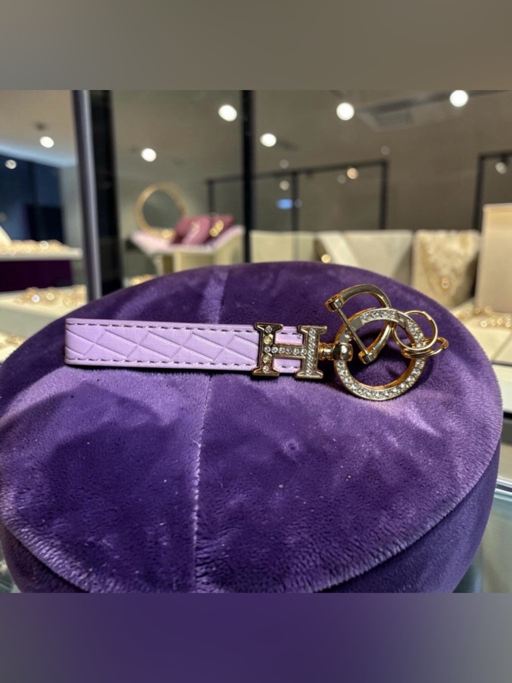 Lavender Vegan Leather Keychain with Gold Tone  Crystal Accent